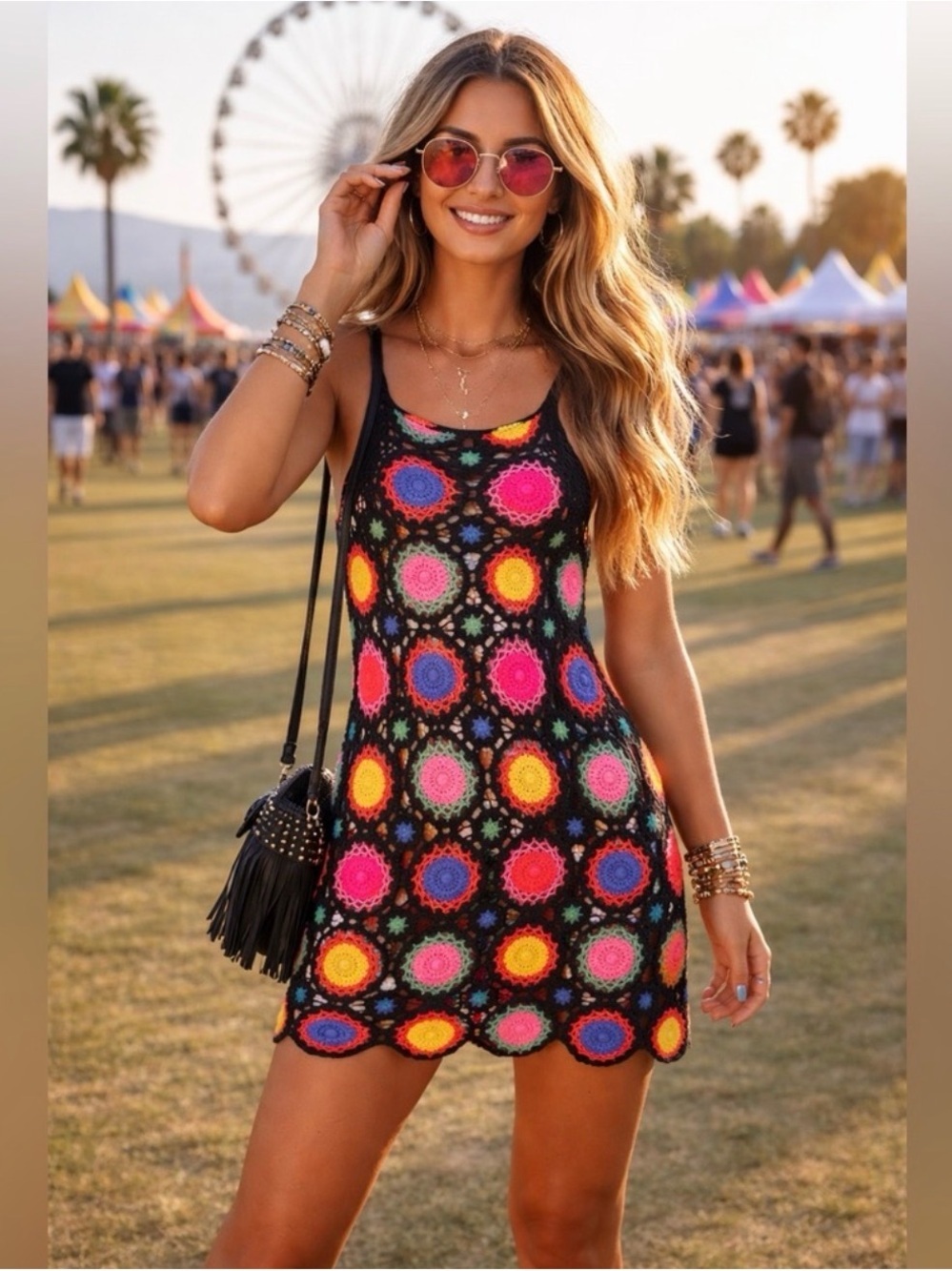 H&M Coachella Crochet Mini Dress Boho Festival Ibiza Granny Square Colorful Sz 6